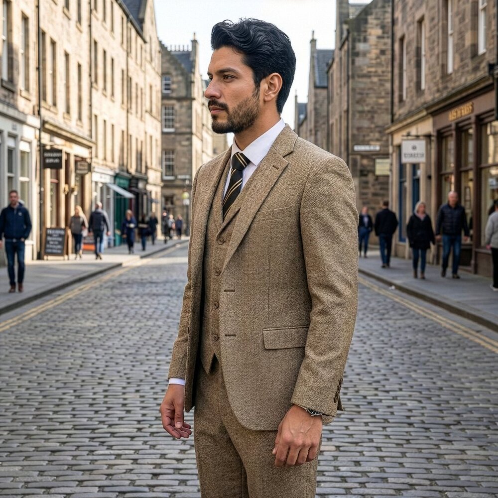 Hybrid Fit Classic Tweed Tan Mens Suit by Sean Alexander - Picture 2 of 7